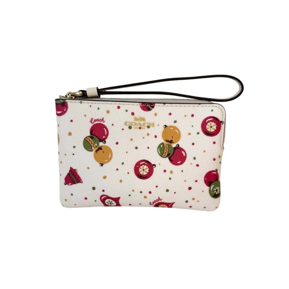 Coach Corner Zip Wristlet Small Slim Festive Wallet Cardholder White Multi C7406
